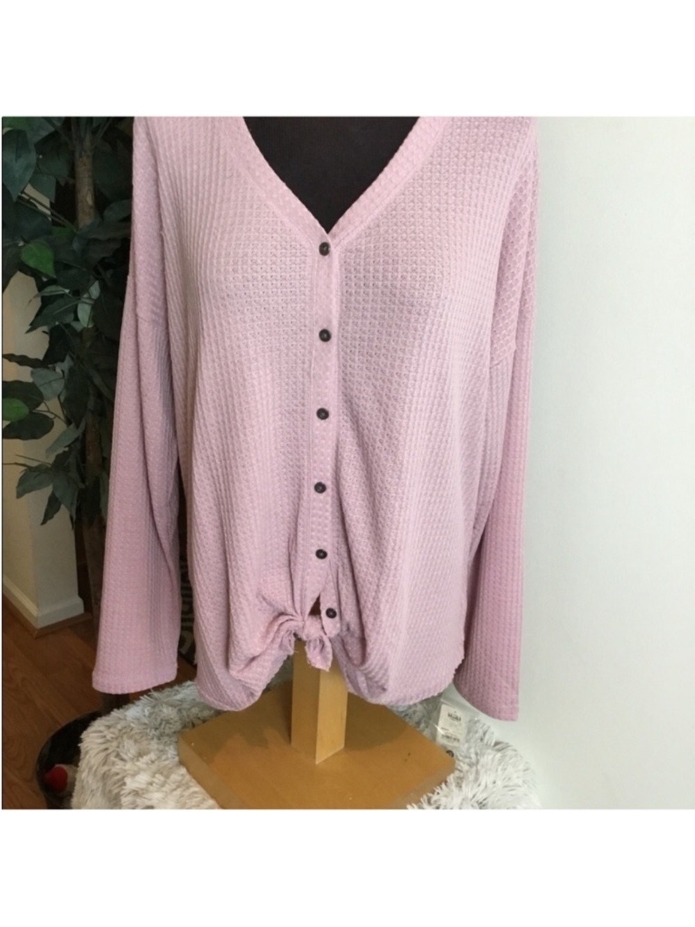 Mudd Waffle Knit Tie Front Top Size XL Mauve Pink Cozy Casual - Picture 15 of 15
